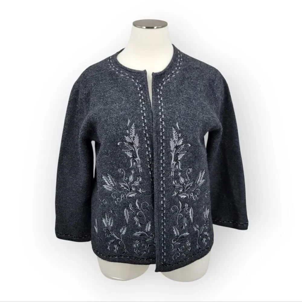 Linea Wool Charcoal Gray Embroidered Cardigan Sweater Jacket Plus Size 1X